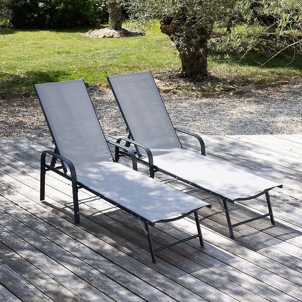 HAPPY GARDEN - Lot de 2 bains de soleil SARDINIA en textilène gris - structure anthracite - large