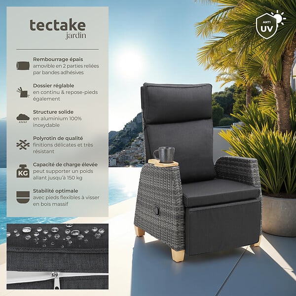 TECTAKE - Fauteuil en rotin Pescara avec structure en aluminium, dossier réglable gris - large