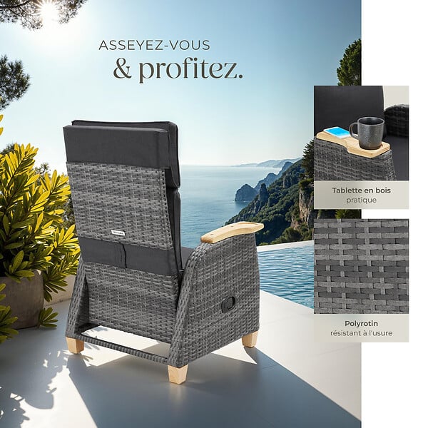 TECTAKE - Fauteuil en rotin Pescara avec structure en aluminium, dossier réglable gris - large