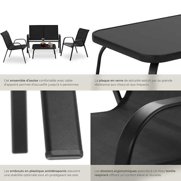 TECTAKE - Salon de jardin NORA pour 4 personnes avec table noir - large