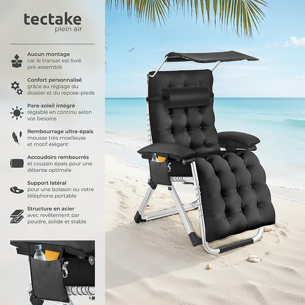 TECTAKE - Chaise longue pliable CLOUD II avec pare-soleil noir - large