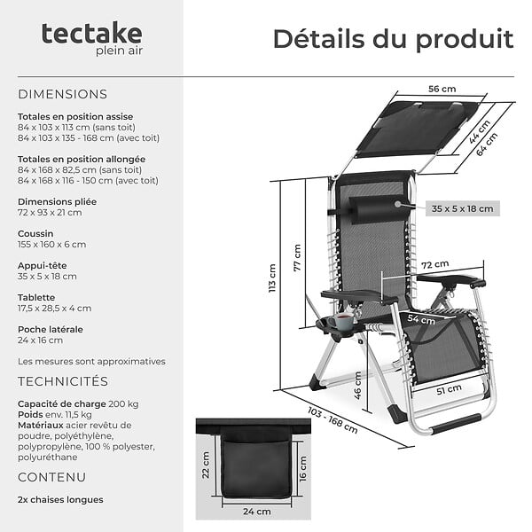 TECTAKE - Chaise longue pliable CLOUD II avec pare-soleil noir - large