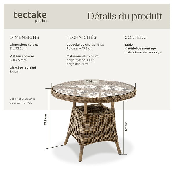TECTAKE - Table de jardin avec cadre en aluminium et plateau en verre naturel - large