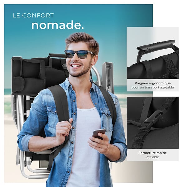 TECTAKE - Chaise de plage en aluminium pliable noire avec dossier réglable et transport sac à dos - large