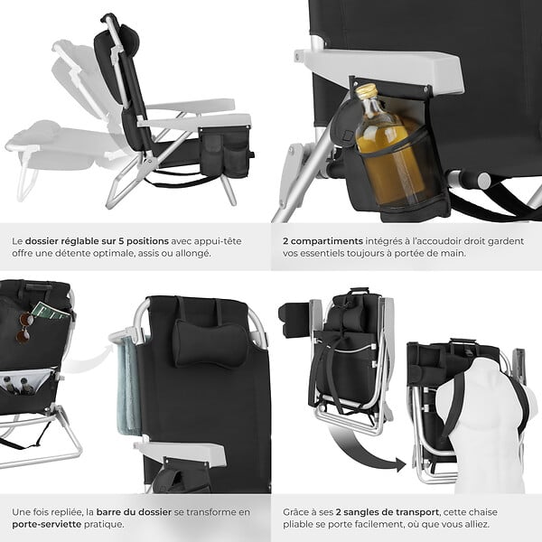 TECTAKE - Chaise de plage en aluminium pliable noire avec dossier réglable et transport sac à dos - large