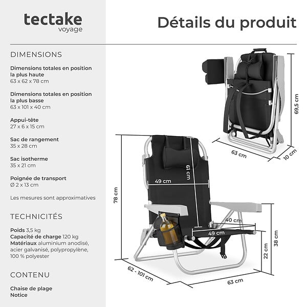 TECTAKE - Chaise de plage en aluminium pliable noire avec dossier réglable et transport sac à dos - large