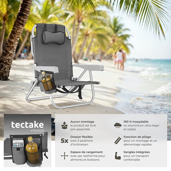 TECTAKE - Chaise de plage aluminium grise pliable avec dossier réglable et sac à dos pratique - large