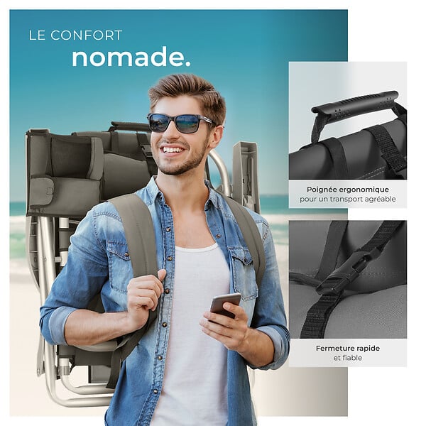 TECTAKE - Chaise de plage aluminium grise pliable avec dossier réglable et sac à dos pratique - large