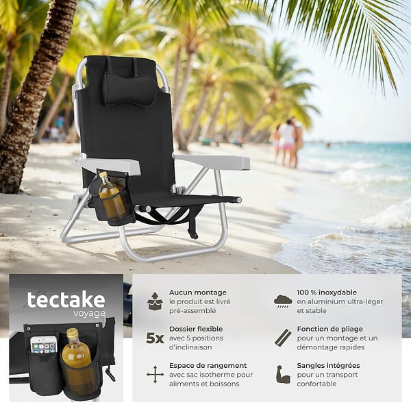 TECTAKE - Chaise de plage en aluminium pliable avec dossier réglable noir avec sac à dos et coussin - large