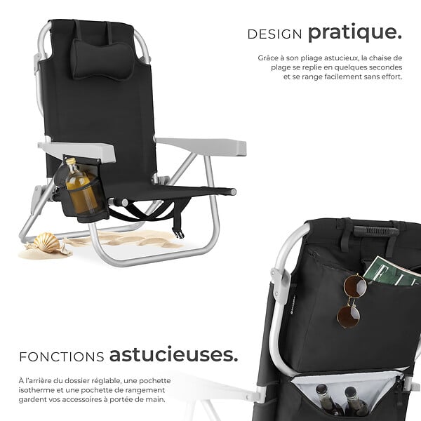 TECTAKE - Chaise de plage en aluminium pliable avec dossier réglable noir avec sac à dos et coussin - large