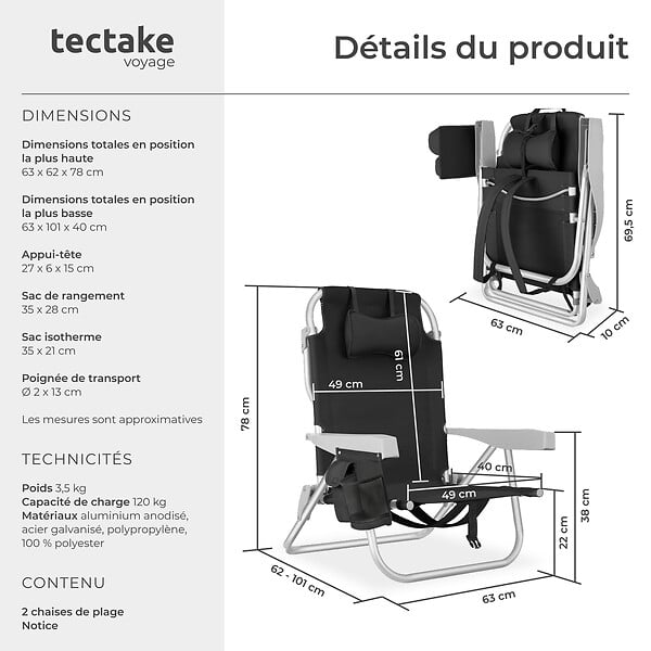 TECTAKE - Chaise de plage en aluminium pliable avec dossier réglable noir avec sac à dos et coussin - large