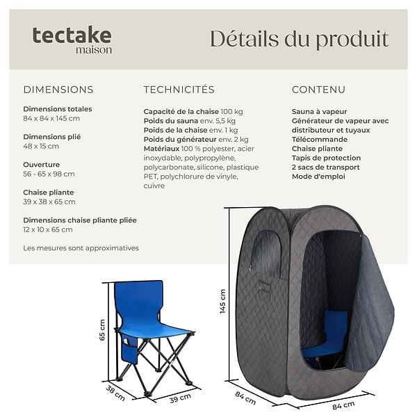 TECTAKE - Sauna à vapeur portable THERMALUXE I 1000 W gris foncé-noir - large