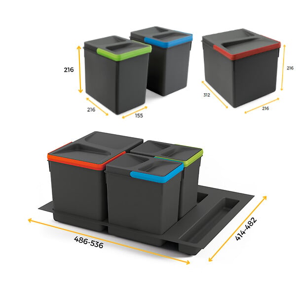 EMUCA - Kit poubelle de tri sélectif pour tiroir de cuisine avec socle Recycle hauteur 216mm, 1x12litres, 2x6litres, module 600mm, Plastique gris anthracite - large