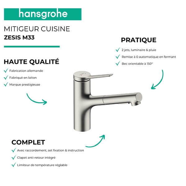 HANSGROHE - Evier 1 bac 840 S52 synthèse noir + robinet de cuisine avec douchette Zesis M33 150 2 jets aspect acier inox - large