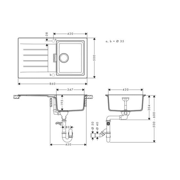 HANSGROHE - Evier 1 bac 840 S52 synthèse noir + robinet de cuisine avec douchette Zesis M33 150 2 jets aspect acier inox - large