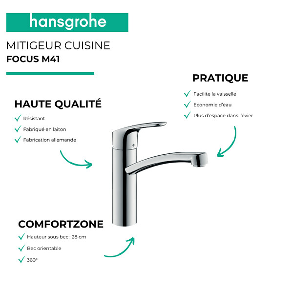 HANSGROHE - Evier 1 bac S21 inox + robinet de cuisine Focus M41 160 chromé - large