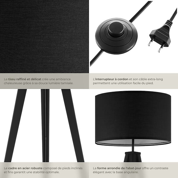 TECTAKE - Lampadaire Lunaris, abat-jour en tissu, trépied noir - large