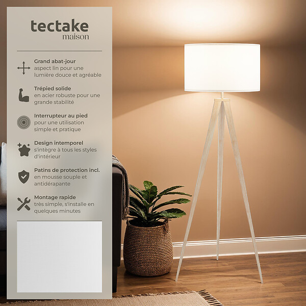 TECTAKE - Lampadaire Lunaris, abat-jour en tissu, trépied marron chêne - large