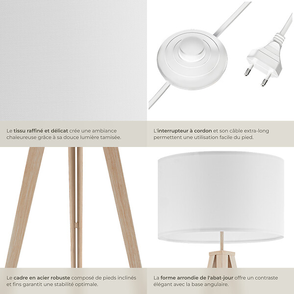 TECTAKE - Lampadaire Lunaris, abat-jour en tissu, trépied marron chêne - large