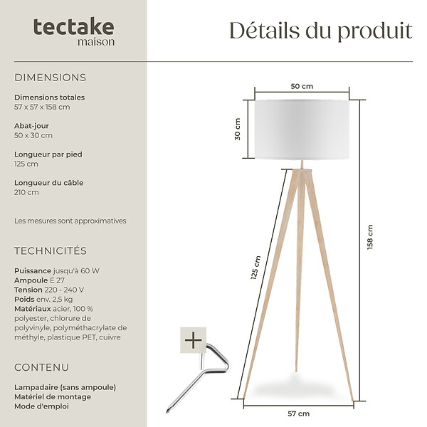 TECTAKE - Lampadaire Lunaris, abat-jour en tissu, trépied marron chêne - large