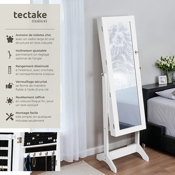 TECTAKE - Armoire à bijoux avec miroir blanc - large