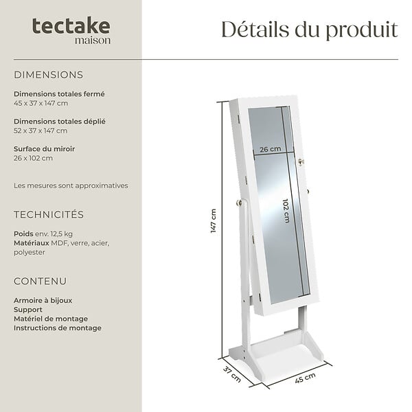 TECTAKE - Armoire à bijoux avec miroir blanc - large