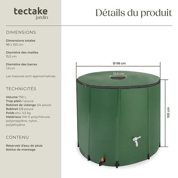 TECTAKE - Récupérateur d'eau de pluie  vert - large