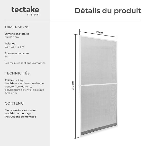 TECTAKE - Moustiquaire avec cadre en aluminium pour portes, 210 x 95 cm blanc - large