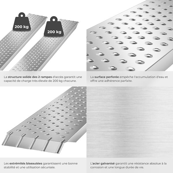 TECTAKE - Rampes d'accès Sven, lot de 2, 400 kg de capacité de poids et antidérapantes argent - large