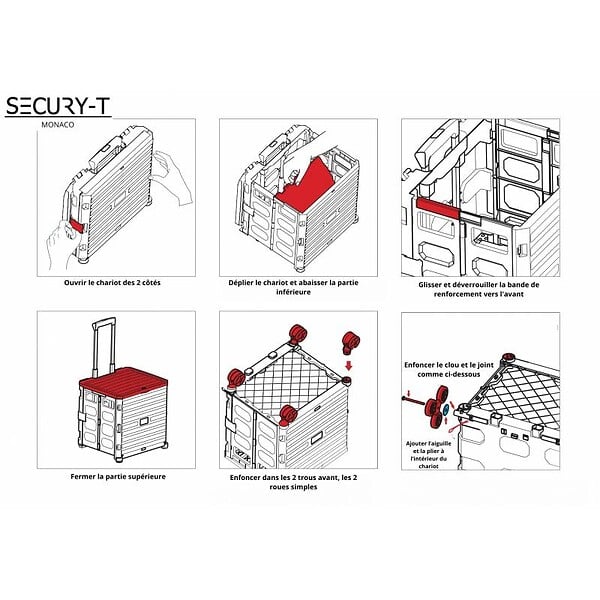 SECURY-T - Chariot de course 8 roues - Pliable - Plastique - Avec Couvercle - Noir - 70Kg - large