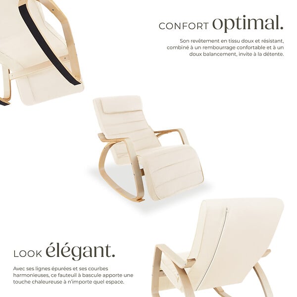 TECTAKE - Fauteuil à bascule confortable design beige stabilité charge ergonomique 67x115x86 cm repose-pieds réglable appui-tête - large