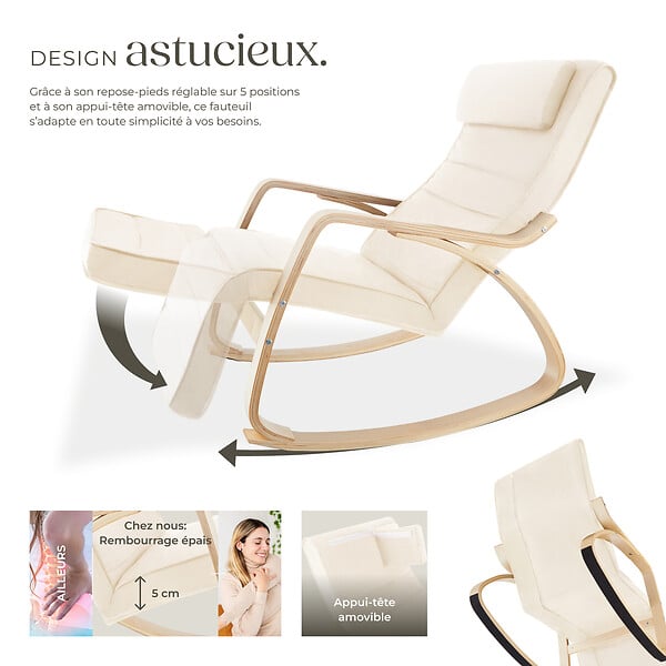 TECTAKE - Fauteuil à bascule confortable design beige stabilité charge ergonomique 67x115x86 cm repose-pieds réglable appui-tête - large
