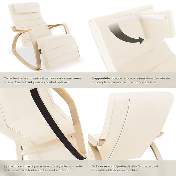TECTAKE - Fauteuil à bascule confortable design beige stabilité charge ergonomique 67x115x86 cm repose-pieds réglable appui-tête - large
