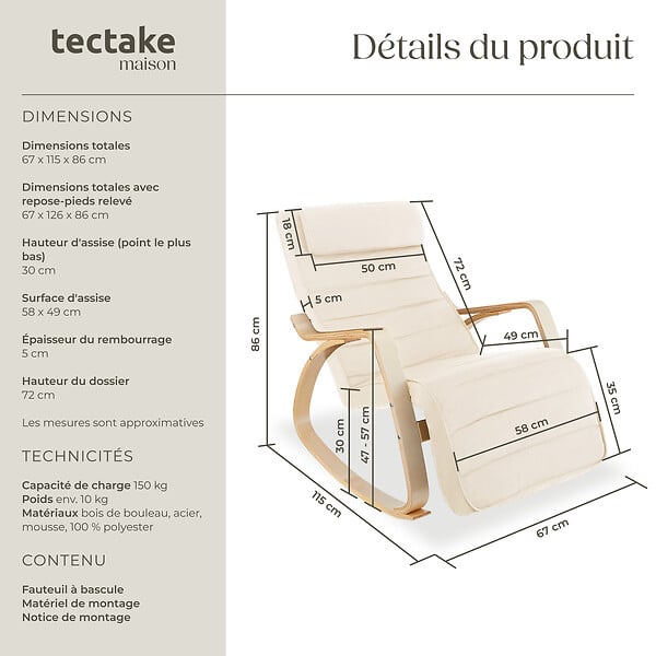 TECTAKE - Fauteuil à bascule confortable design beige stabilité charge ergonomique 67x115x86 cm repose-pieds réglable appui-tête - large