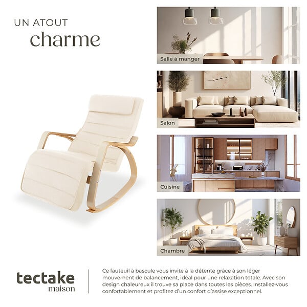 TECTAKE - Fauteuil à bascule confortable design beige stabilité charge ergonomique 67x115x86 cm repose-pieds réglable appui-tête - large
