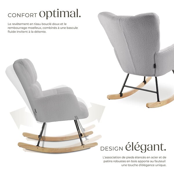 TECTAKE - Fauteuil à bascule TORVE rembourré Bouclé gris clair - large