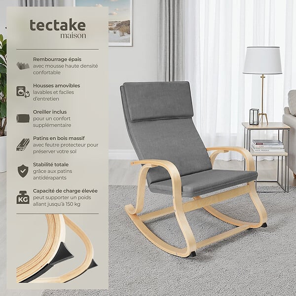 TECTAKE - Fauteuil à bascule Roca gris clair - large