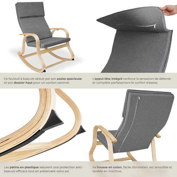 TECTAKE - Fauteuil à bascule Roca gris clair - large
