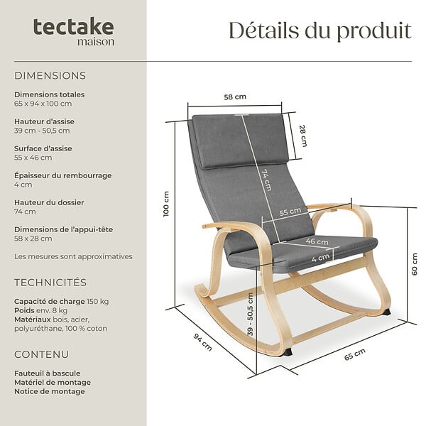 TECTAKE - Fauteuil à bascule Roca gris clair - large