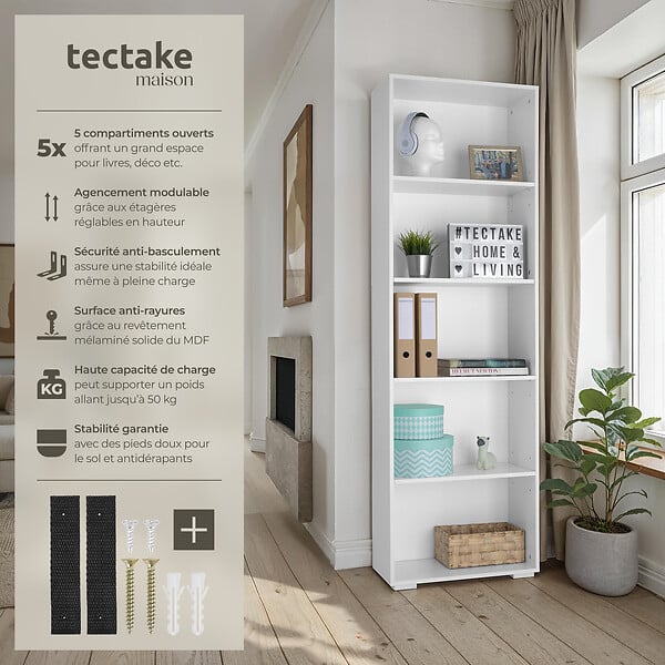 TECTAKE - Bibliothèque Lexi 5 étagères blanc - large
