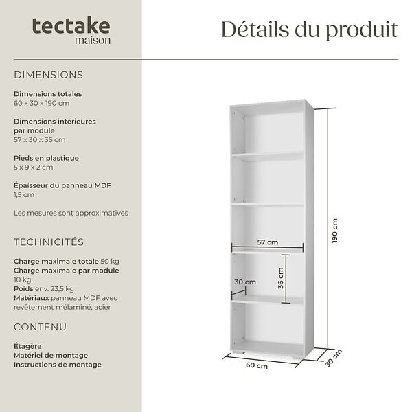 TECTAKE - Bibliothèque Lexi 5 étagères blanc - large