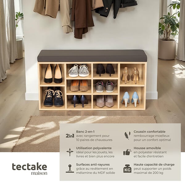 TECTAKE - Meuble à chaussures Banc de rangement avec coussin d'assise 103,5x48x30cm gris foncé/marron chêne clair - large
