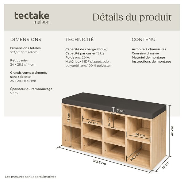 TECTAKE - Meuble à chaussures Banc de rangement avec coussin d'assise 103,5x48x30cm gris foncé/marron chêne clair - large