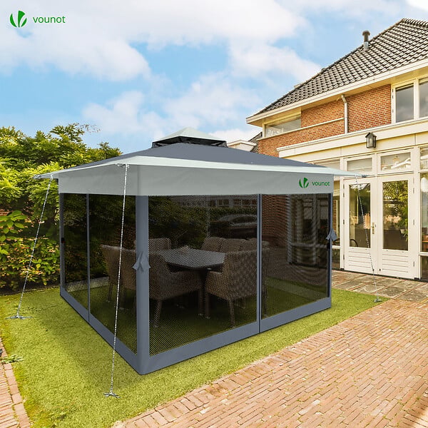 VOUNOT - Tonnelle de jardin exterieure pliable avec moustiquaire 3.6x3.6m gris - large