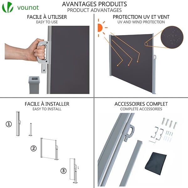 VOUNOT - Paravent retractable avec housse de protection 1.8x3m Anthracite - large