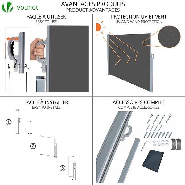 VOUNOT - Paravent retractable avec housse de protection 140x300cm Gris - large