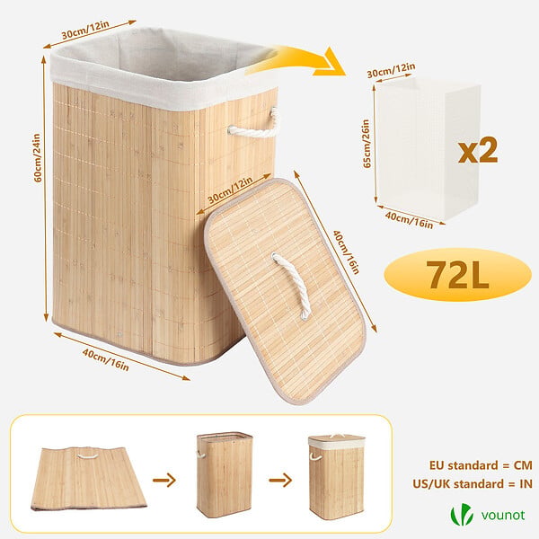 VOUNOT - Panier a linge en bambou rectangulaire avec couvercle 72L - large