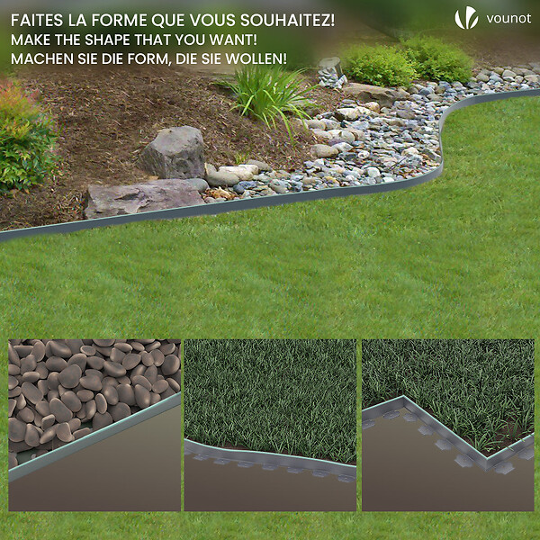 VOUNOT - Bordure de jardin plastique flexible 20m avec piquets gris bordé de vert clair - large