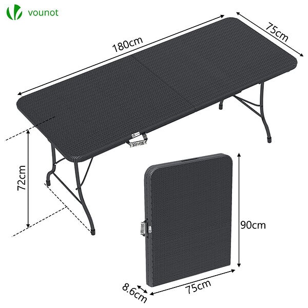 VOUNOT - Table de camping pique nique pliable 180cm HDPE polyrotin noire - large