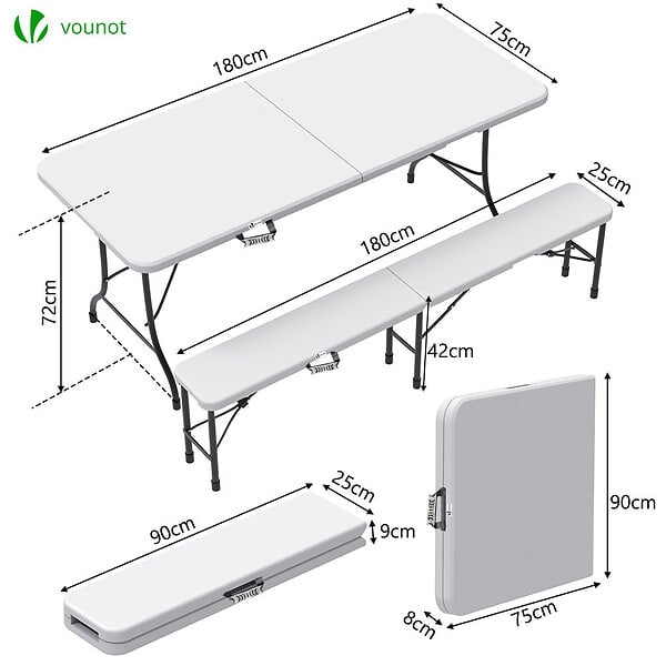 VOUNOT - Ensemble de Table et bancs camping pliables 180cm HDPE blanc - large